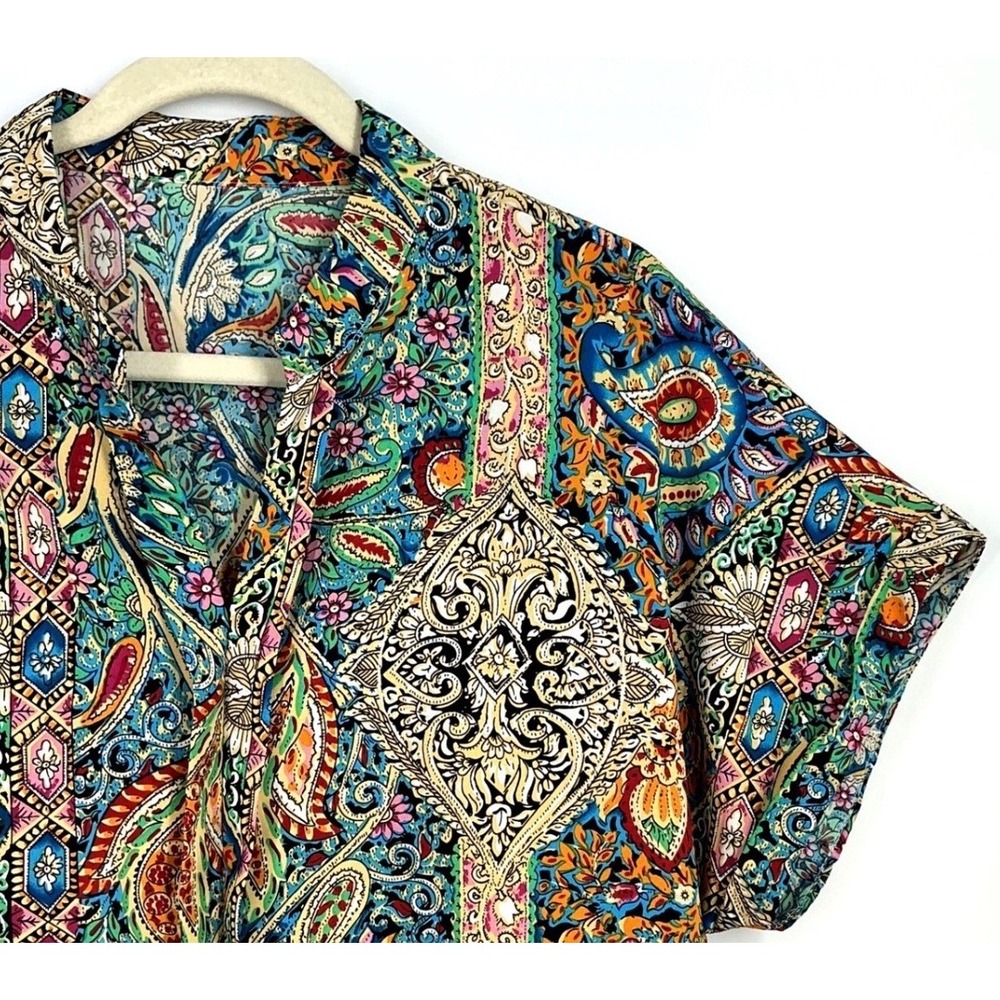 Multicolor Paisley Notch Collar Short Sleeve Blouse Boho Festival Maximalist XL - Picture 6 of 11